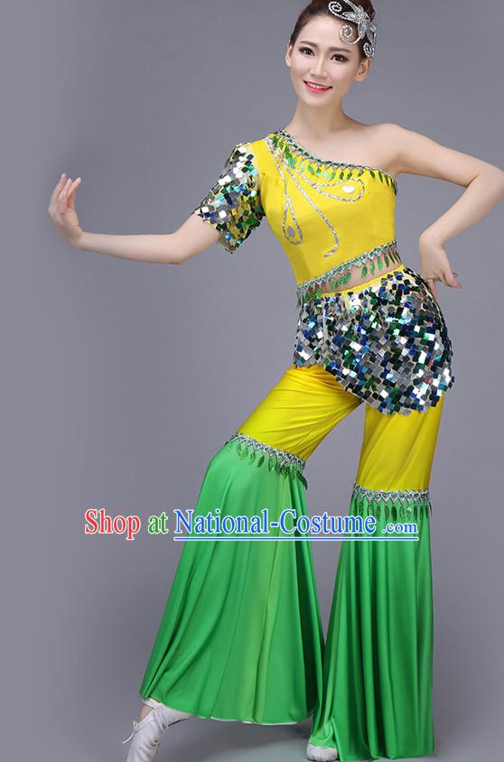 Chinese Dance Costume Dance Costumes Fan dance Umbrella Ribbon Fans Water Sleeve Dancer Dancing Costumes Complete Set