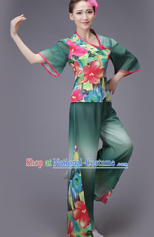 Chinese Dance Costume Dance Costumes Fan dance Umbrella Ribbon Fans Water Sleeve Dancer Dancing Costumes Complete Set