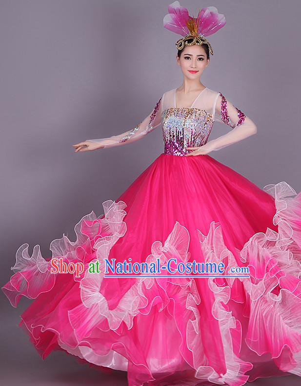 Chinese Flower Dance Costume Dance Costumes Fan dance Umbrella Ribbon Fans Water Sleeve Dancer Dancing Costumes Complete Set