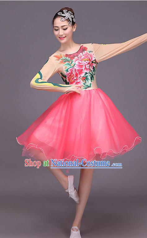 Chinese Ballet Style Flower Dance Costume Dance Costumes Fan dance Umbrella Ribbon Fans Water Sleeve Dancer Dancing Costumes Complete Set