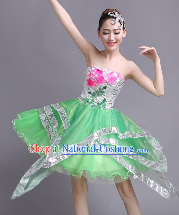 Chinese Flower Dance Costume Dance Costumes Fan dance Umbrella Ribbon Fans Water Sleeve Dancer Dancing Costumes Complete Set