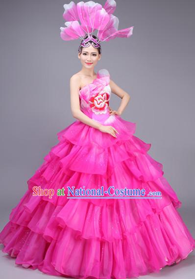 Chinese Flower Dance Costume Dance Costumes Fan dance Umbrella Ribbon Fans Water Sleeve Dancer Dancing Costumes Complete Set