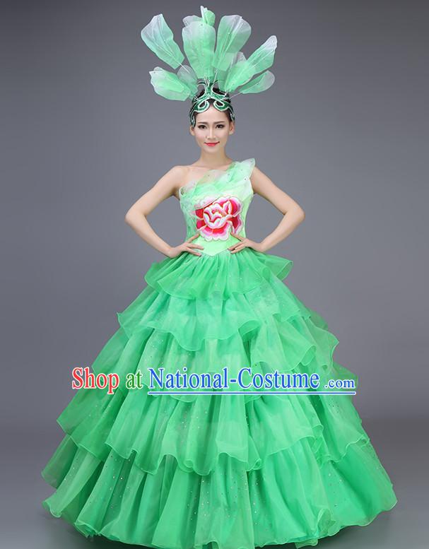 Chinese Flower Dance Costume Dance Costumes Fan dance Umbrella Ribbon Fans Water Sleeve Dancer Dancing Costumes Complete Set