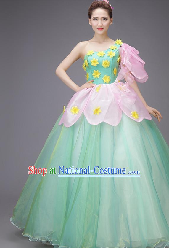 Chinese Flower Dance Costume Dance Costumes Fan dance Umbrella Ribbon Fans Water Sleeve Dancer Dancing Costumes Complete Set