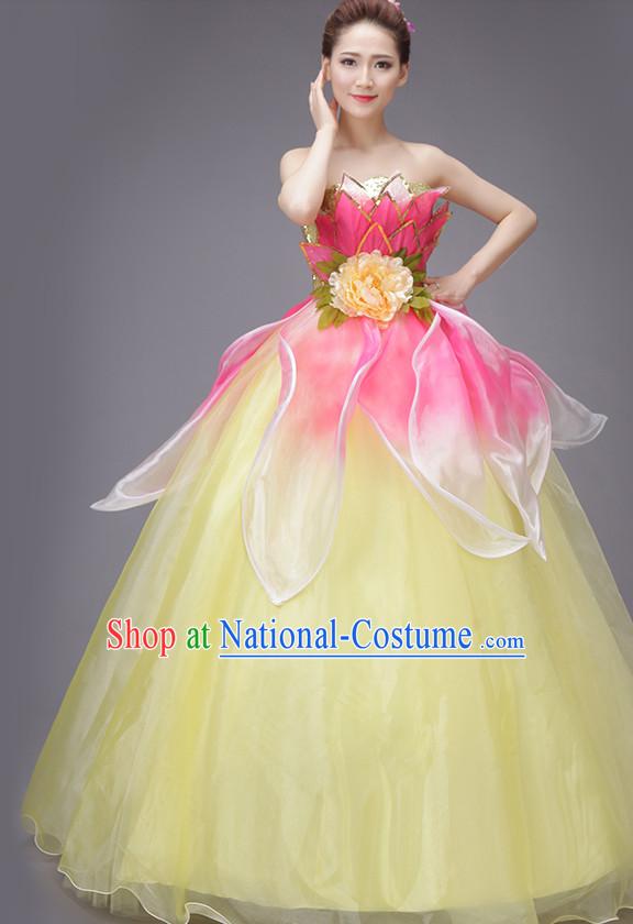 Chinese Flower Dance Costume Dance Costumes Fan dance Umbrella Ribbon Fans Water Sleeve Dancer Dancing Costumes Complete Set