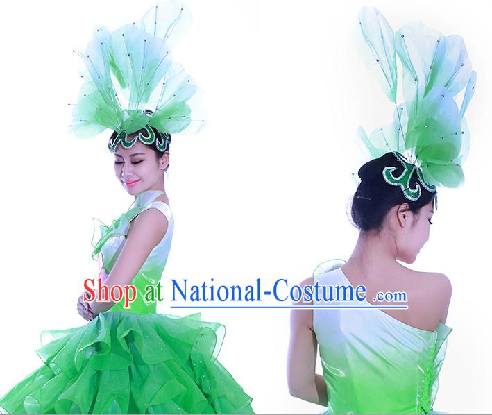 Green Chinese Flower Dance Costume Dance Costumes Fan dance Umbrella Ribbon Fans Water Sleeve Dancer Dancing Costumes Complete Set