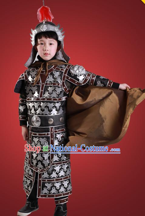 Ancient Chinese Children General Costume Armor Costumes and Hat Complete Set