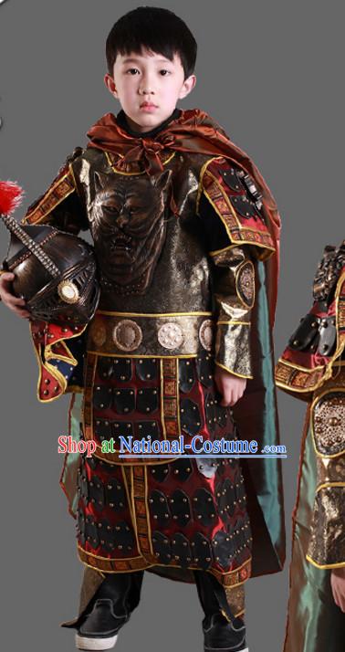 Ancient Chinese Children General Costume Armor Costumes and Hat Complete Set