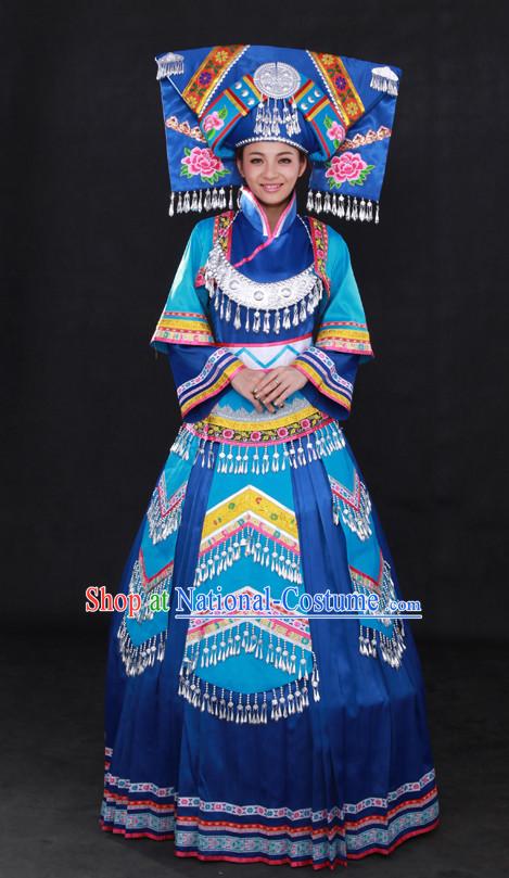 Happy Festival Chinese Minority Dress Miao Uniform Traditional Stage Ethnic National Costume Sale and Hat Complete Set