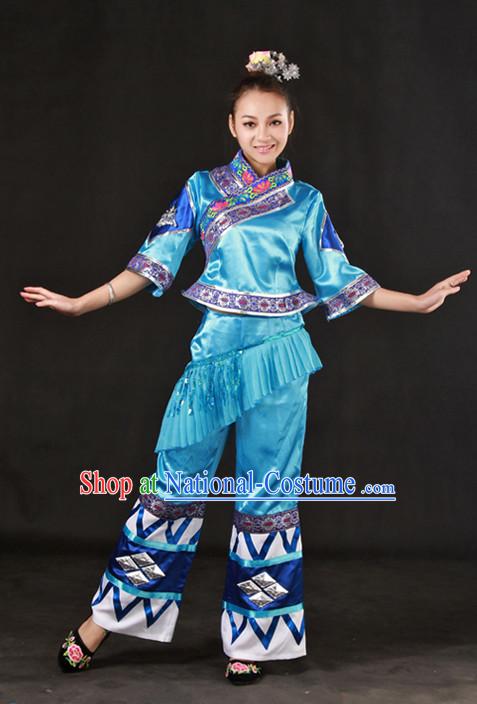 Happy Festival Chinese Minority Dress Zhuang Uniform Traditional Stage Ethnic National Costume Sale Complete Set