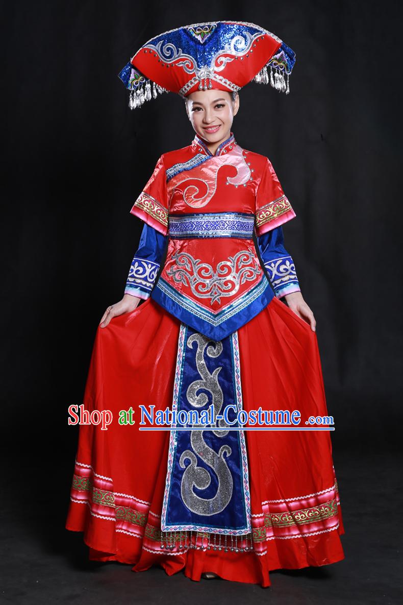 Happy Festival Chinese Minority Dress Zhuang Uniform Traditional Stage Ethnic National Costume Sale Complete Set