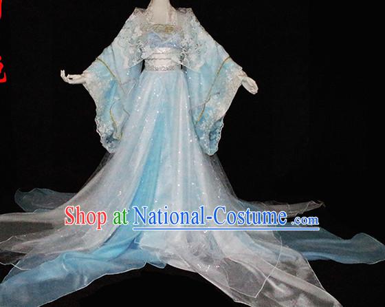 Top Light Blue Chinese Imperial Royal Princess Traditional Wear Queen Dresses Fairy Cosplay Costumes Ideas Asian Cosplay Supplies Complete Set