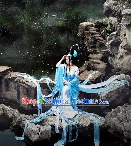 Top Light Blue Chinese Imperial Royal Princess Traditional Wear Queen Dresses Fairy Cosplay Costumes Ideas Asian Cosplay Supplies Complete Set