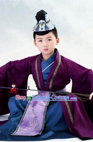 Traditional Chinese Costume Chinese Classical Clothing Garment and Headpieces Complete Set for Kids Boys