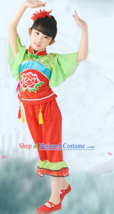 Traditional Chinese Fan Dancing Costume Chinese Dance Costumes Complete Set for Kids Girls