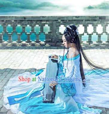 Light Blue Ancient China Princess Garment Traditional Imperial Queen Costumes High Quality Chinese Empress National Costumes and Accessories Complete Set for Women