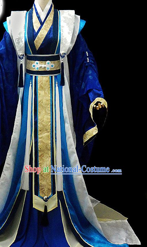 Blue Ancient Chinese Chancellor Hanfu Costumes High Quality Chinese National Costumes Complete Set for Men