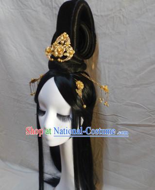 Chinese Classic Lady Black Long Wigs Headwear Crowns Hats Headpiece Hair Accessories Jewelry Set