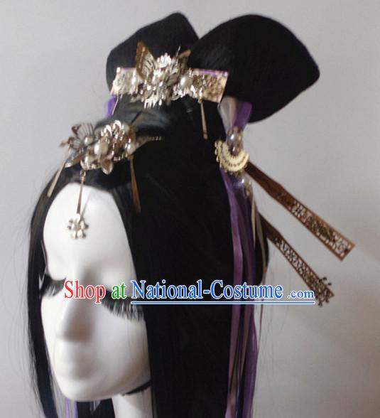 Chinese Classic Lady Black Long Wigs Headwear Crowns Hats Headpiece Hair Accessories Jewelry Set