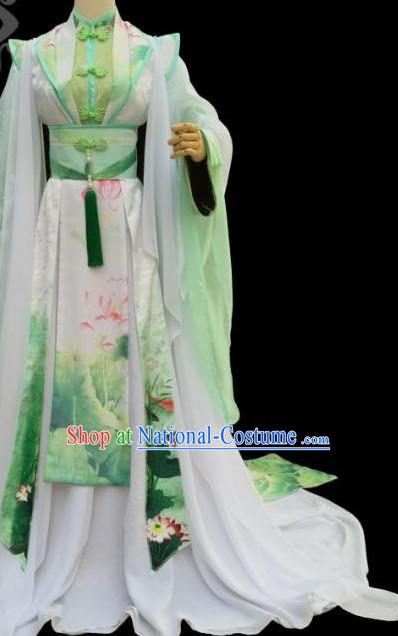 Green Lotus Chinese Traditional High Collar Empress Clothing Complete Set