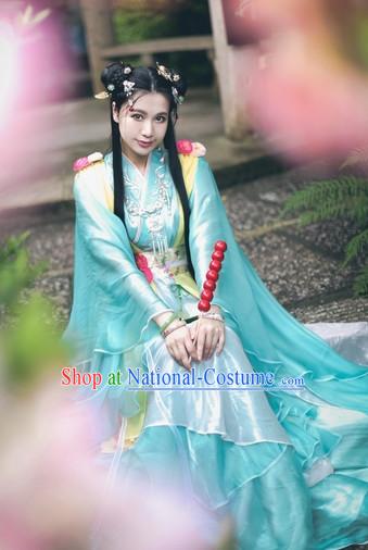 Top Blue Green Chinese Ancient Princess Hanfu Costumes Theater and Reenactment Costumes and Headgear Complete Set for Women