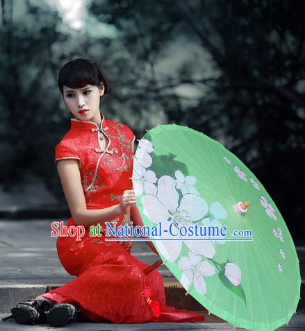 Asian Dance Umbrella Chinese Handmade Green Flower Umbrellas Stage Performance Umbrella Dance Props