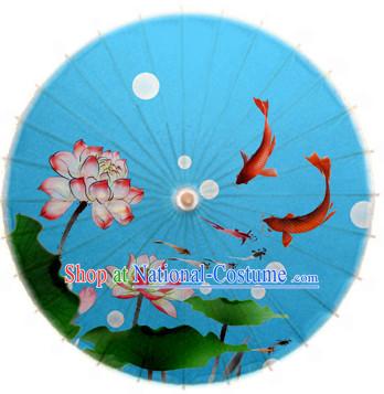 Blue Asian Dance Umbrella China Handmade Traditional Fish Umbrellas Stage Performance Umbrella Dance Props