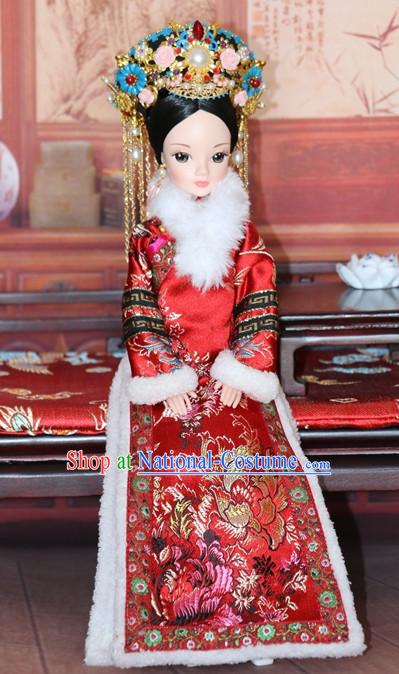 Traditional Qing Dynasty Chinese Women Clothing Imperial Dresses National Costume and Hair Ornaments Complete Set