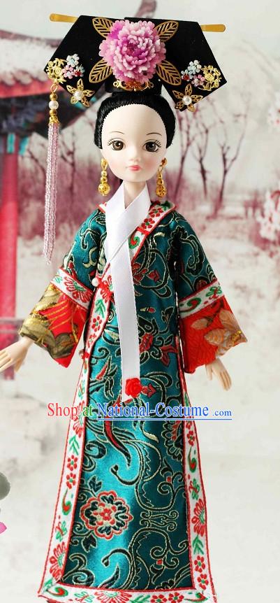 Traditional Qing Dynasty Chinese Women Clothing Imperial Dresses National Costume and Hair Ornaments Complete Set