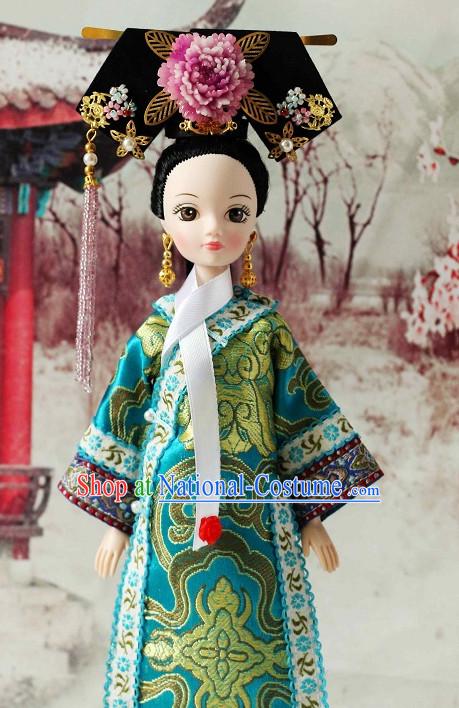 Traditional Qing Dynasty Chinese Women Clothing Imperial Dresses National Costume and Hair Ornaments Complete Set