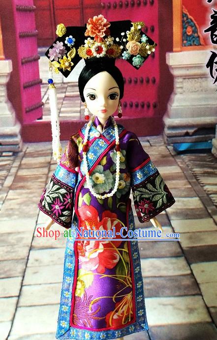 Traditional Qing Dynasty Chinese Women Clothing Imperial Dresses National Costume and Hair Ornaments Complete Set