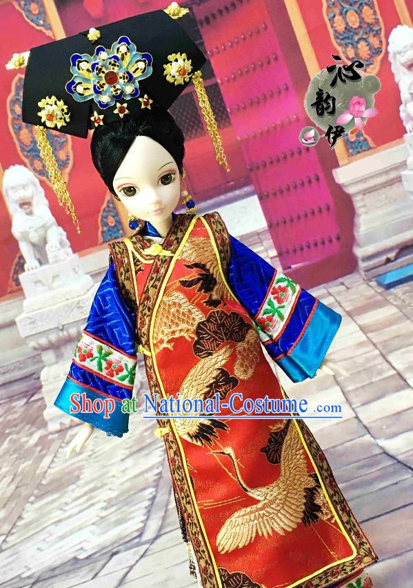 Traditional Qing Dynasty Chinese Women Empress Clothing Imperial Princess Dresses National Costume and Hair Ornaments Complete Set