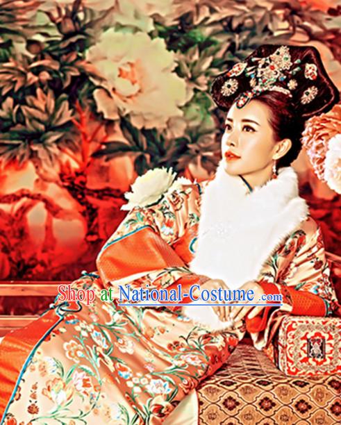 Traditional Qing Dynasty Chinese Women Empress Clothing Imperial Princess Dresses National Costume and Hair Ornaments Complete Set