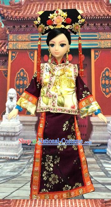 Traditional Qing Dynasty Chinese Women Empress Clothing Imperial Princess Dresses National Costume and Hair Ornaments Complete Set