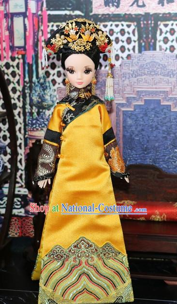 Traditional Qing Dynasty Chinese Women Empress Clothing Imperial Princess Dresses National Costume and Hair Ornaments Complete Set