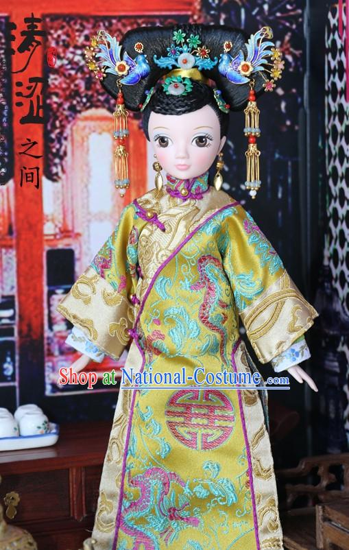 Traditional Qing Dynasty Chinese Women Empress Clothing Imperial Princess Dresses National Costume and Hair Ornaments Complete Set