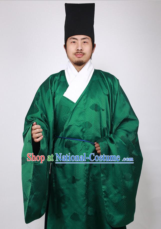 Chinese Scholar Ming Dynasty Han Fu Costumes Men Clothing Male Costume and Hat Complete Set