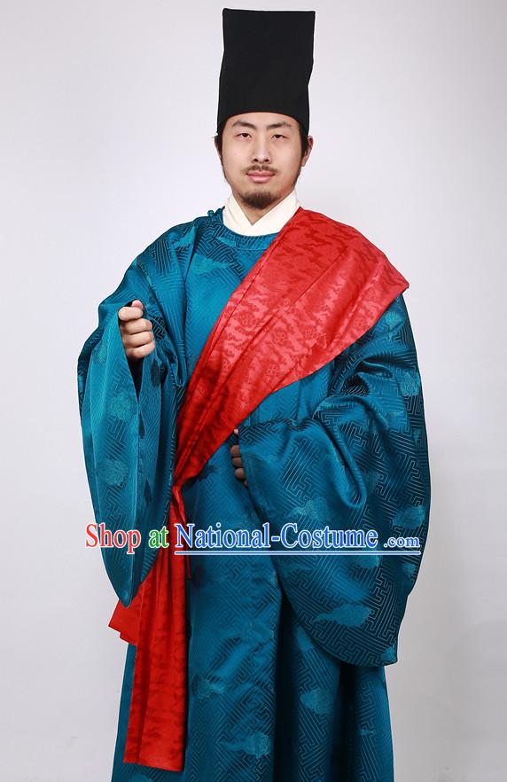 Chinese Scholar Ming Dynasty Han Fu Costumes Men Clothing Male Costume and Hat Complete Set