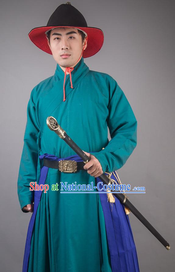 Chinese Ming Dynasty Solider Han Fu Costumes Men Clothing Male Costume and Hat Complete Set