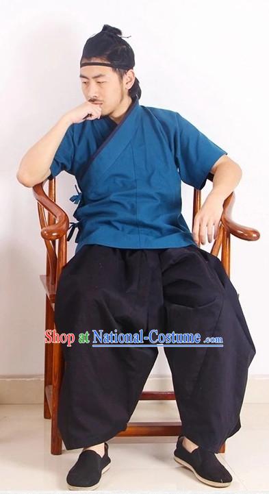 Chinese Ming Dynasty Solider Han Fu Costumes Men Clothing Male Costume and Hat Complete Set