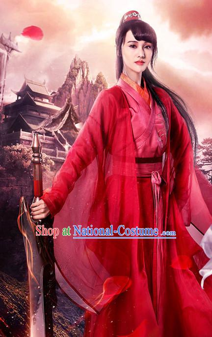 Chinese Ancient Women Swordswoman Hanfu Clothing Film Costumes Traditional Girls Dress and Headwear Complete Set