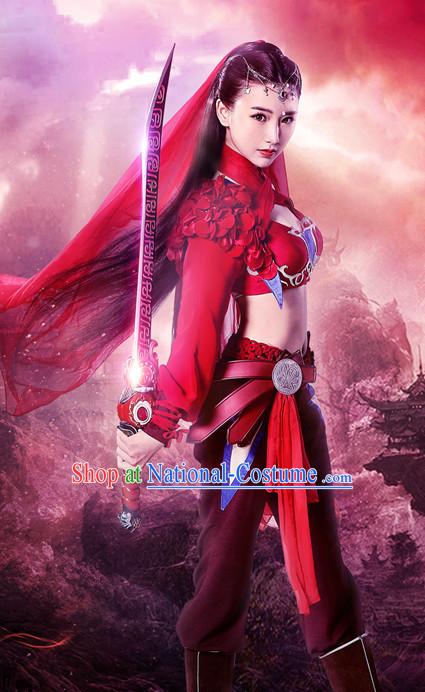 Chinese Ancient Swordswoman Superheroine Costumes and Hair Ornaments Complete Set