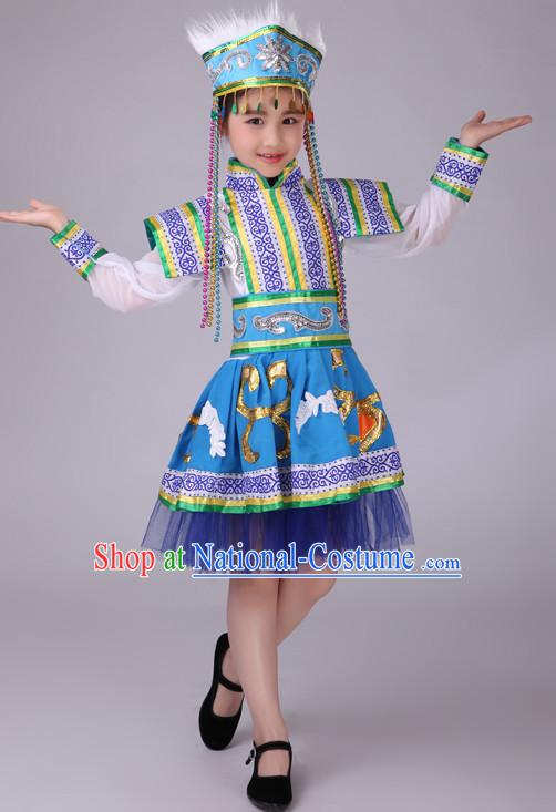 Chinese Mongolian Kids Minority Dance Dress China Fan Dance Costume Ribbon Dance Costumes Folk Dance Suit