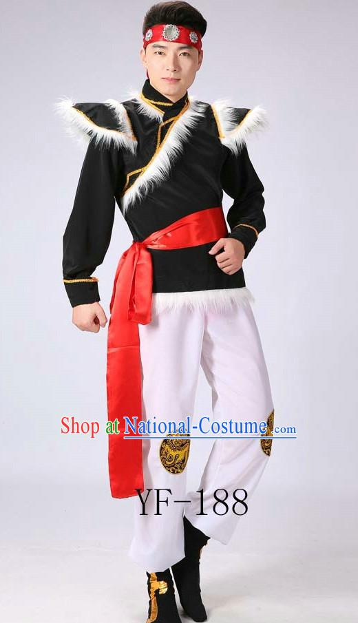 Chinese Mongolian Minority Men Dance Dress China Fan Dance Costume Ribbon Dance Costumes Folk Dance Suit