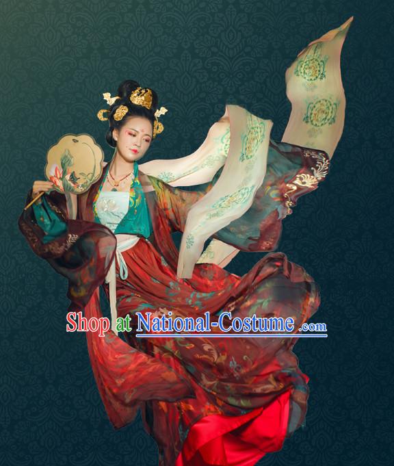 Chinese Traditional Tang Dynasty Royal Stage Hanfu Hanbok Kimono Feitian Costume Dresses Costume Ancient Fairy Garment and Headpieces Complete Set