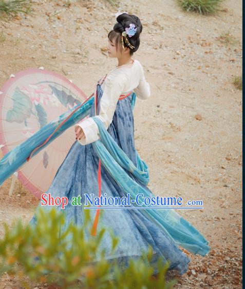 Chinese Traditional Tang Dynasty Royal Stage Hanfu Hanbok Kimono Feitian Costume Dresses Costume Ancient Fairy Garment and Headpieces Complete Set