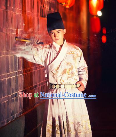 Chinese Traditional Ming Dynasty Men Bodyguard Stage Hanfu Hanbok Kimono Feitian Costume Dresses Costume Ancient Fairy Garment and Headpieces Complete Set