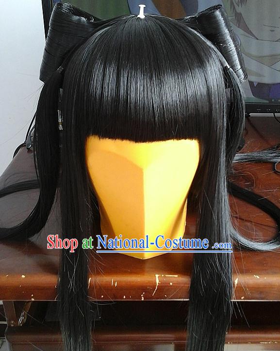 Chinese Ancient Style Long Black Hair Wig Hair Decoration Wigs Set