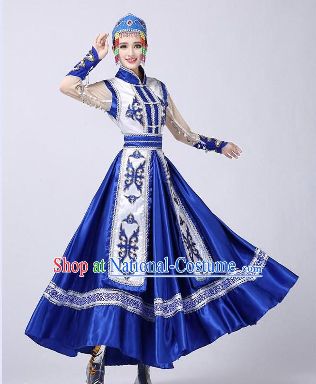 Chinese Folk Mongolian Dance Costumes and Hat Complete Set for Women