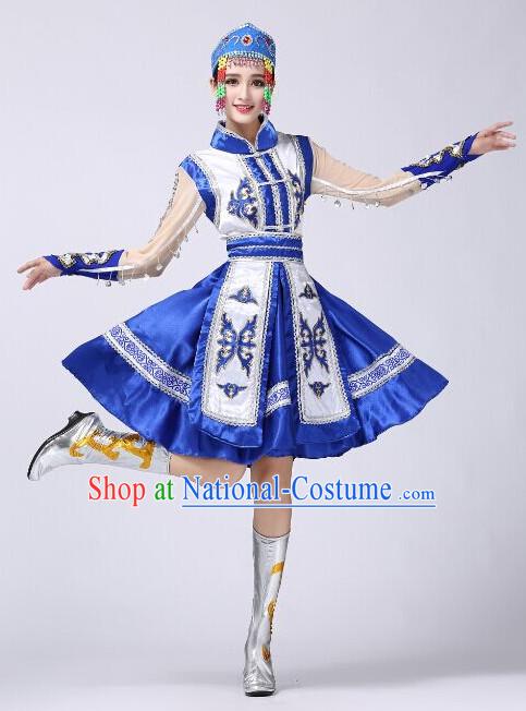 Chinese Folk Mongolian Dance Costumes and Hat Complete Set for Women